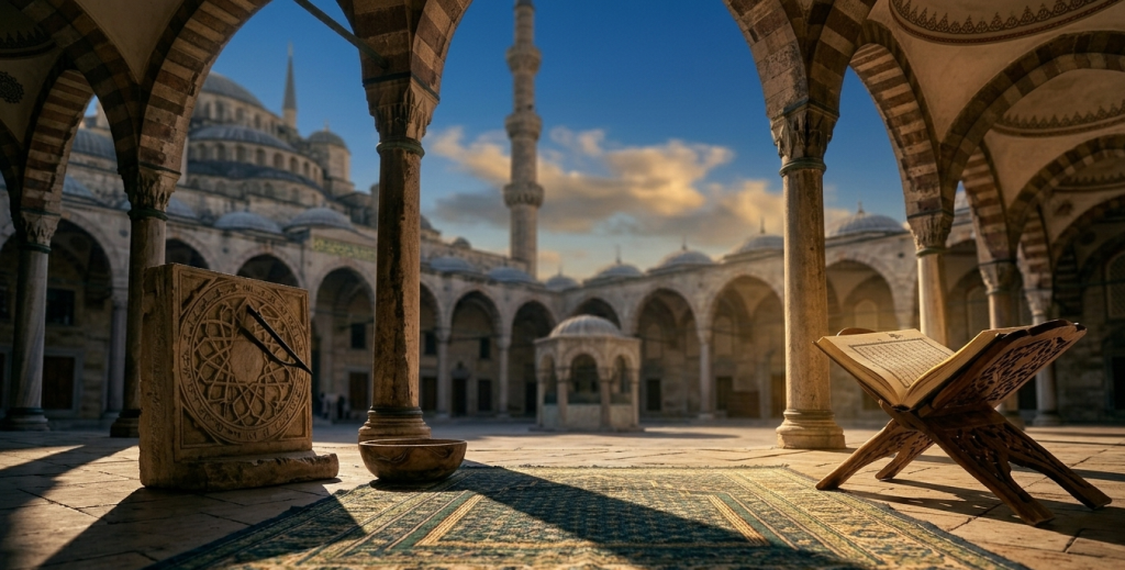 Asr Suresi'ndeki "zamanın akışı" ve "hüsrandan kurtuluş" mesajını simgeleyen, güneş saati, seccade ve rahle ile tarihi cami avlusunda etkileyici görsel.