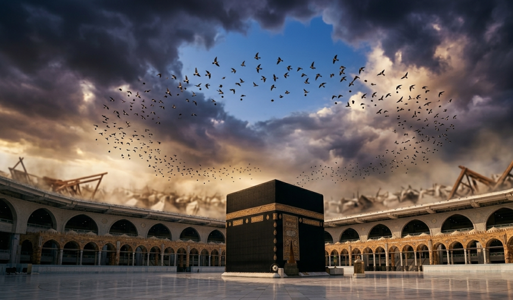 Fil Suresi mucizesini ve Kabe'nin Ebabil kuşları ile ilahi korunmasını temsil eden etkileyici ve sembolik görsel.