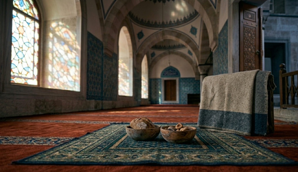 Maun Suresi ve İslam'da yardımlaşma bilincini simgeleyen, tarihi bir cami zemininde seccade ve ikram kaplarından oluşan sembolik görsel.