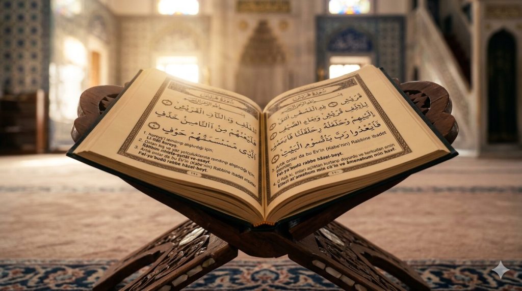 Kureyş Suresi Arapça yazılışı, okunuşu ve Türkçe anlamı tablosu