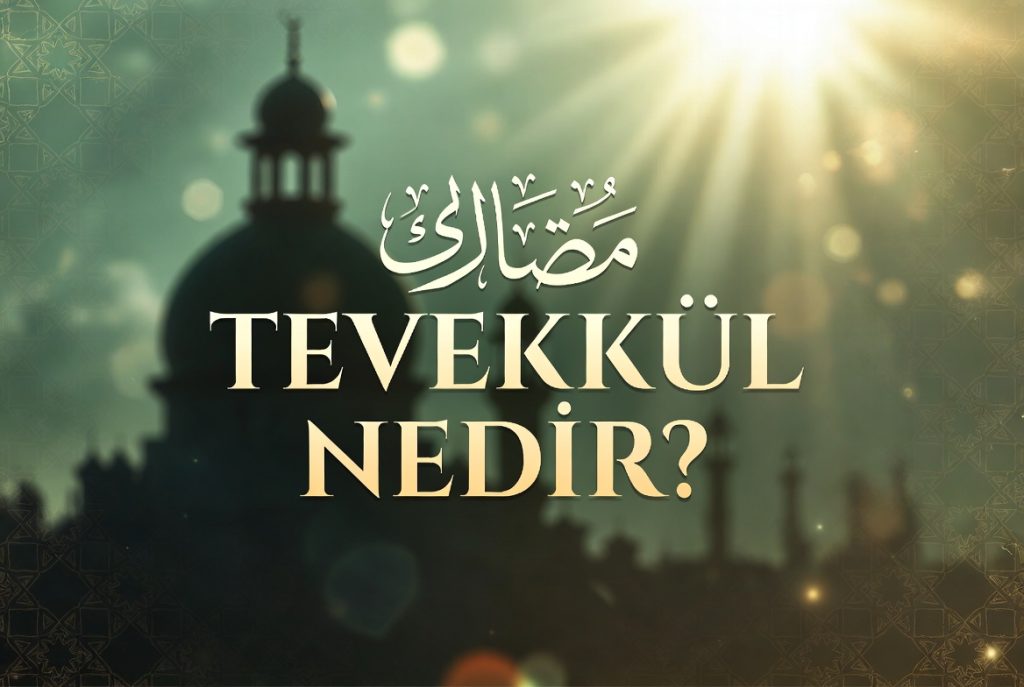 üzerinde camii olan ve ortasında tevekkül nedir sorusu bulunan bir görsel.